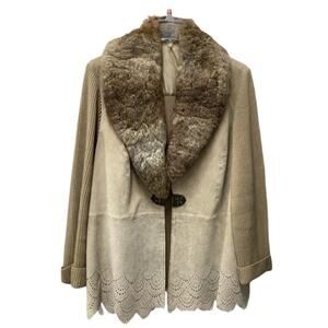 Vintage Suede Knit Jacket w/ Real Fur Collar Scallop Hem Boho Festival